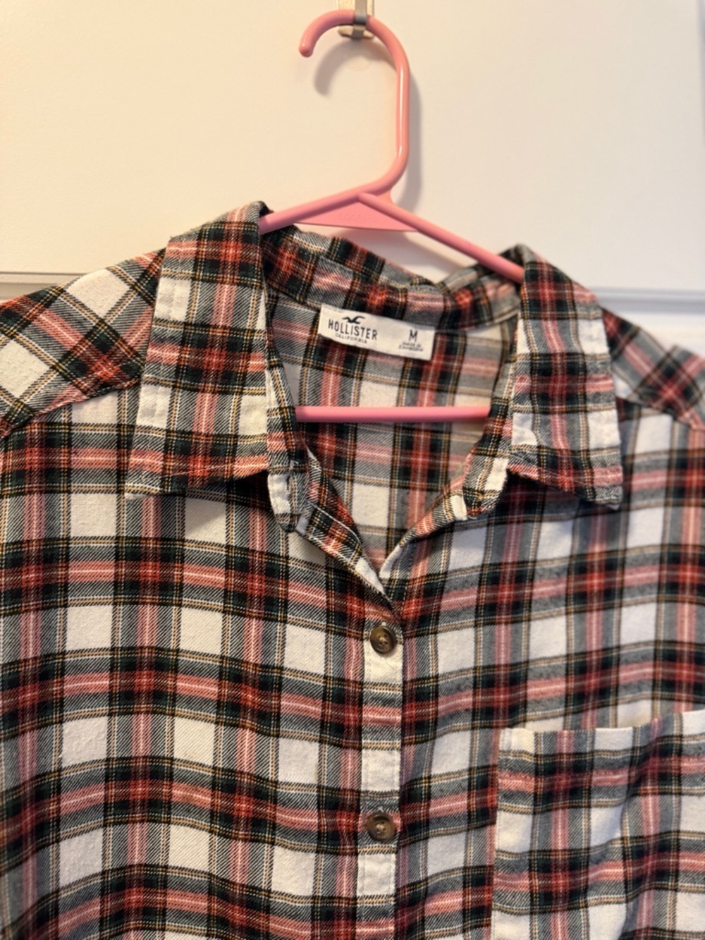 Hollister Plaid Button-Down Flannel Shirt in Cream, Red & Black